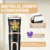 A close-up marketing image of a pet grooming clipper, highlighting its features with text overlays and diagrams. Voir les images du produit