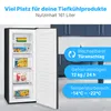 An open upright freezer with food items inside, next to a kitchen background with informational overlays. Produktbild-Vorschau