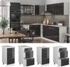 A modern kitchen with dark high-gloss cabinets and a tiled backsplash, shown with a dining table and chairs in the foreground. Below the kitchen scene are four separate images of kitchen base cabinets with drawers. Anteprima dell’immagine prodotto