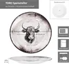 A marketing image showing a plate with a bull's head design, including dimensions and icons indicating suitability for microwave, refrigerator, and dishwasher. Voir les images du produit
