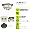 A collage of images and text describing an outdoor ceiling light. Produktbild-Vorschau