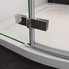 A close-up view of a shower enclosure hinge and track on a white shower tray. Produktbild-Vorschau