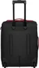 The back view of a black rolling suitcase with red accents and a retractable handle. Produktbild-Vorschau