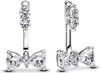 A pair of silver earrings with clear gemstones shaped like bows. Podgląd zdjęcia produktu