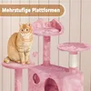 A ginger cat sits on a pink cat tree with multiple platforms and hiding spots. Produktbild-Vorschau