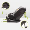 A child car seat with arrows and close-up insets showing installation features. Produktbild-Vorschau