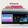 A television screen displaying a user interface with AI search features and promotional content. Voir les images du produit