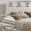 A close-up view of a tufted headboard and bedding, with text overlays highlighting product features. Náhľad obrázku produktu