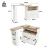 This is a collage of images showing the dimensions and assembly of a bar table with storage. Produktbild-Vorschau