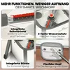 A collage of four images showcasing different features of a mop and bucket set, with German text describing each feature. Produktbild-Vorschau