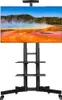 A black TV stand with a large screen TV mounted on it, displaying a landscape image. Produktbild-Vorschau