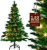 A decorated artificial Christmas tree with lights and a tag indicating its size and features. Produktbild-Vorschau