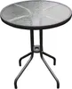 A round glass-top bistro table with a dark metal frame and three legs, shown against a white background. Produktbild-Vorschau