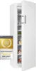 A white upright freezer with its door slightly ajar, revealing shelves with food items inside. A badge is attached to the lower left side of the freezer. Produktbild-Vorschau