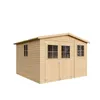 A wooden garden shed with windows and double doors, presented on a white background. Produktbild-Vorschau