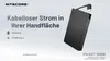 A Nitecore POCKET 10000 power bank is shown with text highlighting its features. Produktbild-Vorschau