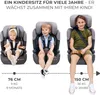 Three children of different ages are shown sitting in car seats to illustrate the product's adaptability. Produktbild-Vorschau
