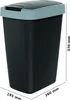 A black trash can with a gray lid and dimensions indicated. Produktbild-Vorschau