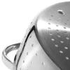 A close-up view of a stainless steel colander with a handle, showing the perforations and curved surface. Produktbild-Vorschau