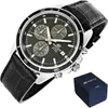 A close-up studio shot of a Casio Edifice chronograph watch with a black leather strap, presented with its blue gift box. Produktbild-Vorschau