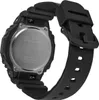 Close-up view of the back of a black Casio G-Shock watch, showing the case back with engraved text and the strap. Voir les images du produit