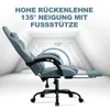 A gaming chair shown in a reclined position with its footrest extended, set against a futuristic, tunnel-like background. Produktbild-Vorschau