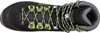 A top-down view of a black hiking boot with neon green and gray laces. Produktbild-Vorschau