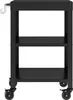 A black metal serving cart with two shelves and wheels, shown from the front. Anteprima dell’immagine prodotto