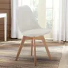 A white chair with wooden legs sits on a rug in front of a window with white curtains. Anteprima dell’immagine prodotto