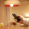A hand holding a remote control, pointing it towards a smart light fixture. Voir les images du produit