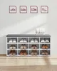 A shoe rack with various shoes organized on its shelves, topped with a gray bench. Four shoe icons are displayed on the wall above the rack. Produktbild-Vorschau