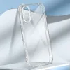 A clear phone case is displayed on a white surface with a light blue background. Produktbild-Vorschau