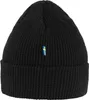 A black knitted beanie with a small Swedish flag emblem. Produktbild-Vorschau