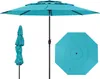 A turquoise patio umbrella is shown in three views: fully open, folded, and from a top-down perspective. Podgląd zdjęcia produktu