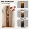 A tall, narrow cabinet with glass shelves and LED lighting, showcasing different light color options. Podgląd zdjęcia produktu