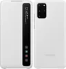 A white Samsung Galaxy S20 Plus phone case is shown from two angles: front with a transparent cover displaying the phone's screen, and back showing the camera module and branding. Podgląd zdjęcia produktu