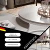 A close-up view of nested round coffee tables with decorative elements and text overlays. Voir les images du produit
