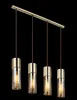 A product shot of a pendant light fixture with four glass shades and brass accents, against a black background. Náhľad obrázku produktu