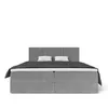 A studio shot of a gray upholstered bed with two white pillows and a dark gray duvet. Produktbild-Vorschau