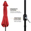 A closed red umbrella and a close-up of the umbrella pole with a crank mechanism. Produktbild-Vorschau