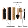 A collection of shoe brushes and a cleaning sponge are displayed against a white background, with labels indicating different bristle types. Produktbild-Vorschau