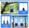 Collage showing different ways to hang a blue swing seat, one from a tree branch and two from a wooden swing set. Produktbild-Vorschau