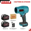 A product image showing a cordless leaf blower with accessories, including batteries and a charger, arranged on a white background. Produktbild-Vorschau