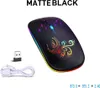 A black wireless mouse with colorful accents and a USB receiver and charging cable. Produktbild-Vorschau