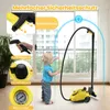 A child is standing next to a yellow steam cleaner in a room with large windows. Produktbild-Vorschau