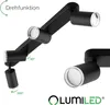 A black multi-head ceiling spotlight with adjustable arms and heads, shown against a white background. Text indicates rotational features. Voir les images du produit