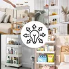 A collage of images showing a white 4-tier rolling storage cart in various settings, including a living room, bathroom, and kitchen, with a central graphic of a lightbulb with radiating arrows. Podgląd zdjęcia produktu