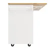 A white kitchen island with a wooden top and a drop-leaf extension, shown from the side. Produktbild-Vorschau