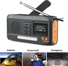 A collage showing a portable emergency radio and three scenarios: outdoor camping, household use, and an emergency situation with lightning. Produktbild-Vorschau