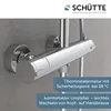 A close-up shot of a chrome shower faucet with text overlays highlighting its features. Podgląd zdjęcia produktu
